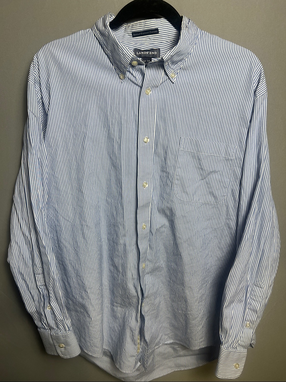 Lands' End Supima Pinpoint Oxford Shirt Men's 17-34 Blue White Stripe